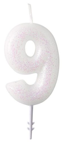 Fehér White csillámos gyertya 9-es 6,5 cm