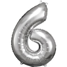 Ezüst Silver óriás szám fólia lufi 6-os, 86x58 cm