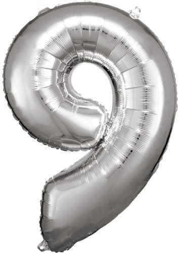 Ezüst Silver óriás szám fólia lufi 9-es, 83x58 cm