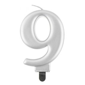 Ezüst 9-es Metallic számgyertya, tortagyertya