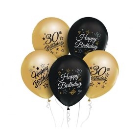   Happy Birthday 30 Gold-Black léggömb, lufi 5 db-os 12 inch (30 cm)