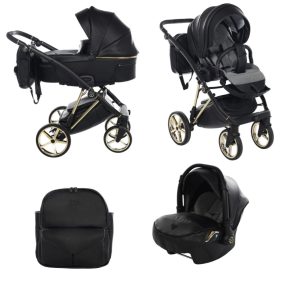   JUNAMA Air ECO Premium 3in1 Multifunktions-Kinderwagen - Schwarz Schwarz/Goldrahmen