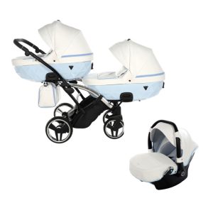   JUNAMA Diamond Duo Candy Slim 3in1 Multifunktionaler Zwillingskinderwagen - Weiß/Blau