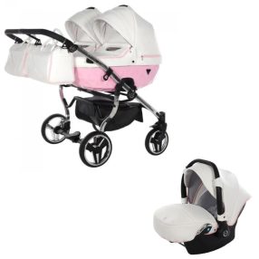   JUNAMA Diamond Duo Candy 3in1 Multifunktionaler Zwillingskinderwagen - Weiß/Rosa
