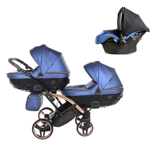 JUNAMA Diamond Duo Fluo Slim 3in1 Multifunktionaler Zwillingskinderwagen - Blau/Rose-Gold
