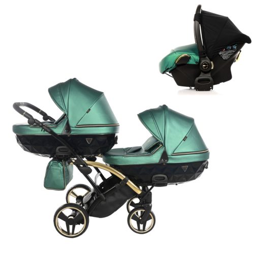 JUNAMA Diamond Duo Fluo Slim 3in1 Multifunktionaler Zwillingskinderwagen - Grün/Gold