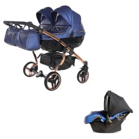   JUNAMA Diamond Duo Fluo 3in1 multifunktionaler Zwillingskinderwagen - Blau/Roségold