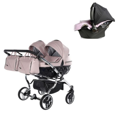 JUNAMA Diamond Duo Fluo 3in1 Multifunktionaler Zwillingskinderwagen - Rosa/Silber