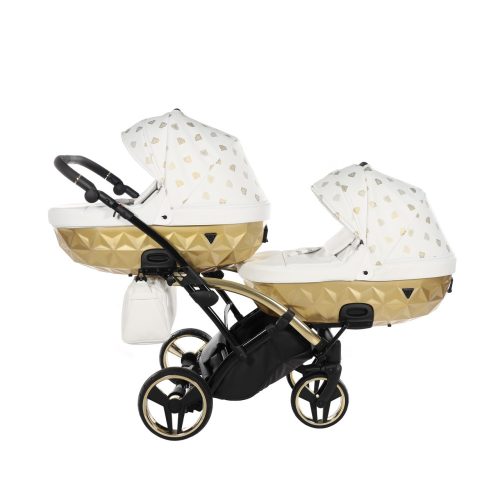 JUNAMA Diamond Duo Glow Slim 3in1 Multifunktionaler Zwillingskinderwagen - Weiß/Gold