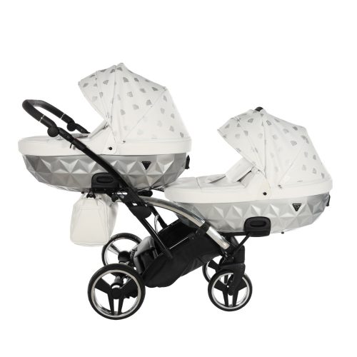 JUNAMA Diamond Duo Glow Slim 3in1 Multifunktionaler Zwillingskinderwagen - Weiß/Silber