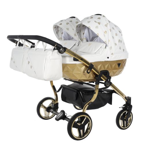 JUNAMA Diamond Duo Glow 3in1 Multifunktionaler Zwillingskinderwagen - Weiß/Gold
