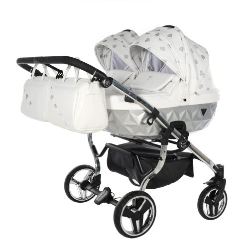 JUNAMA Diamond Duo Glow 3in1 Multifunktionaler Zwillingskinderwagen - Weiß/Silber