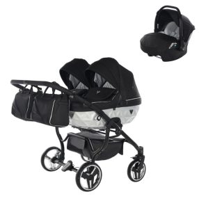  JUNAMA Diamond Duo Mirror Satin 3in1 Multifunktionaler Zwillingskinderwagen - Schwarz/Silber