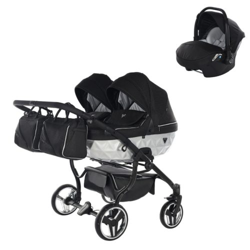 JUNAMA Diamond Duo Mirror Satin 3in1 Multifunktionaler Zwillingskinderwagen - Schwarz/Silber