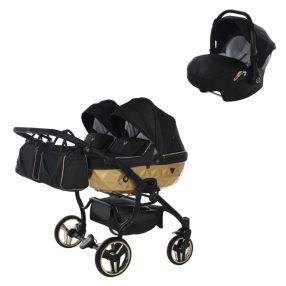   JUNAMA Diamond Duo Mirror Satin 3in1 Multifunktionaler Zwillingskinderwagen - Schwarz/Gold