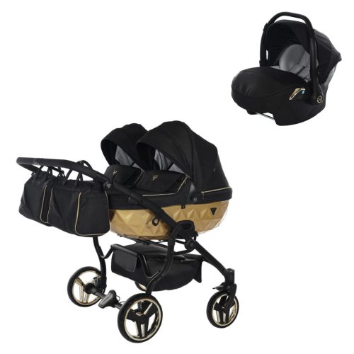JUNAMA Diamond Duo Mirror Satin 3in1 Multifunktionaler Zwillingskinderwagen - Schwarz/Gold