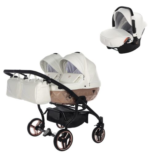 JUNAMa Diamond Duo Mirror Satin 3in1 Multifunktionaler Zwillingskinderwagen - Schwarz/Rose-Gold