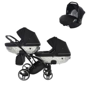   JUNAMA Diamond Duo Mirror Satin Slim 3in1 Multifunktionaler Zwillingskinderwagen - Schwarz/Silber
