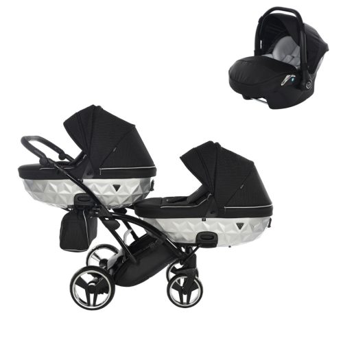 JUNAMA Diamond Duo Mirror Satin Slim 3in1 Multifunktionaler Zwillingskinderwagen - Schwarz/Silber