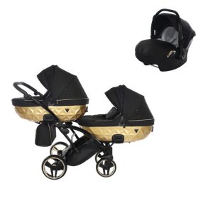   JUNAMA Diamond Duo Mirror Satin Slim 3in1 Multifunktionaler Zwillingskinderwagen - Schwarz/Gold