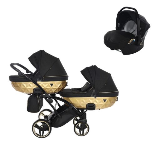 JUNAMA Diamond Duo Mirror Satin Slim 3in1 Multifunktionaler Zwillingskinderwagen - Schwarz/Gold