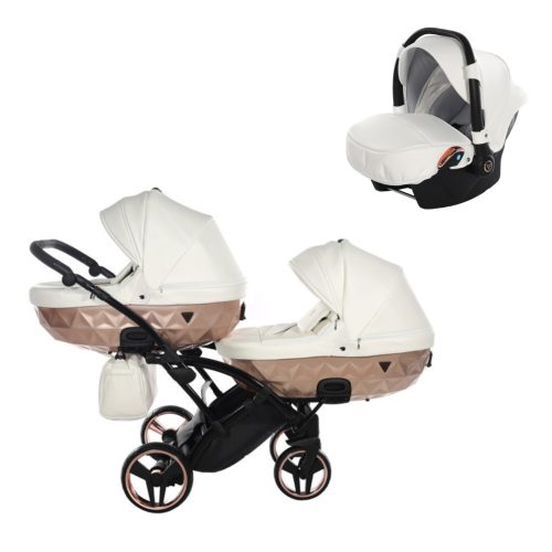 JUNAMA Diamond Duo Mirror Satin Slim 3in1 Multifunktionaler Zwillingskinderwagen - Weiß/Rose-Gold