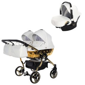   JUNAMA Diamond Duo Mirror 3in1 Multifunktionaler Zwillingskinderwagen - Weiß/Gold