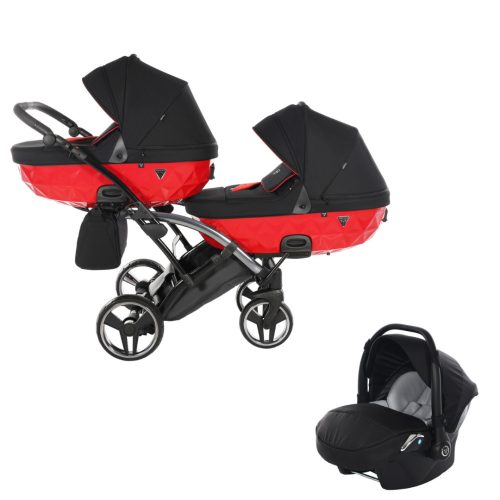 JUNAMA Diamond Duo S-Line Slim 3in1 Multifunktionaler Zwillingskinderwagen - Schwarz/Rot