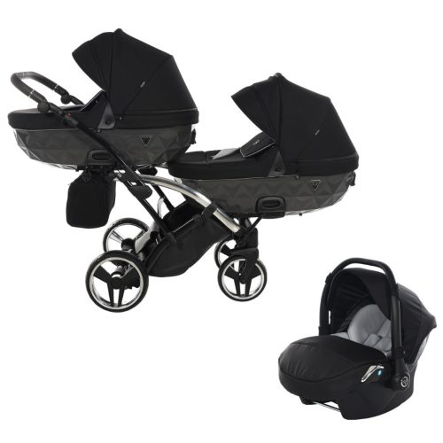 JUNAMA Diamond Duo S-Line Slim 3in1 Multifunktionaler Zwillingskinderwagen - Schwarz/Silber