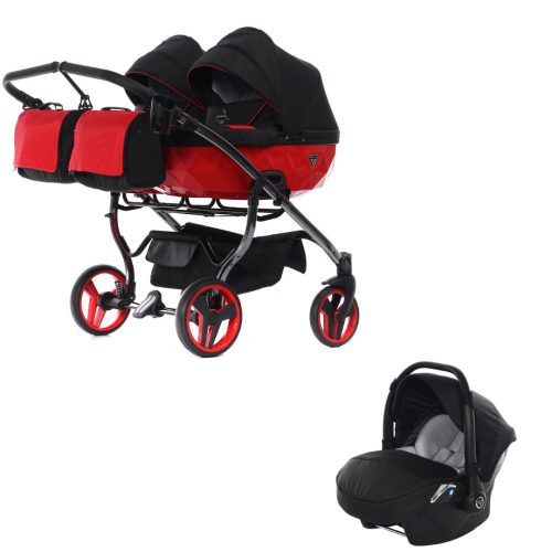 JUNAMA Diamond Duo S-Line 3in1 Multifunktionaler Zwillingskinderwagen - Schwarz/Rot