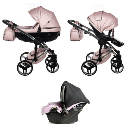 JUNAMA Diamond Fluo 3in1 multifunktionaler Kinderwagen - Rosa - Silberner Rahmen