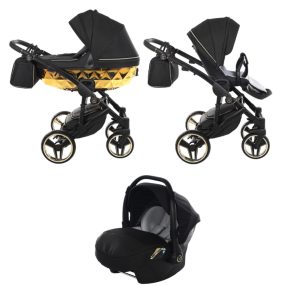   JUNAMA Diamond Mirror 3in1 multifunktionaler Kinderwagen - Schwarz/Gold - schwarzer Rahmen