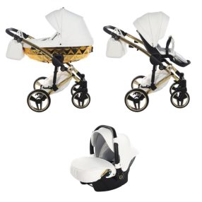   JUNAMA Diamond Mirror 3in1 multifunktionaler Kinderwagen - Weiß/Gold - goldener Rahmen