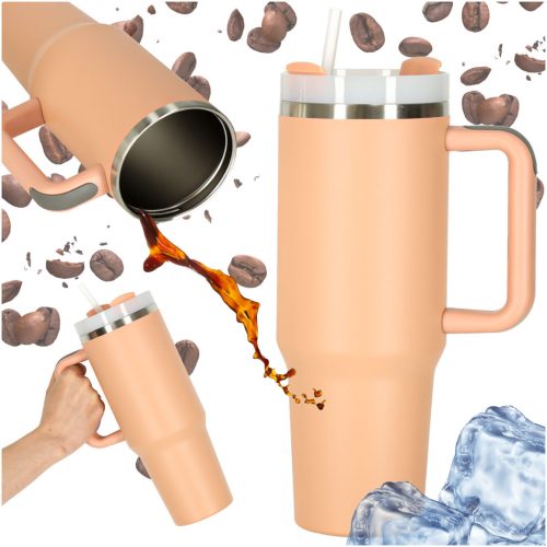 Termikus bögre szívószállal és fogantyúval termosz 1200ml por rózsaszínű