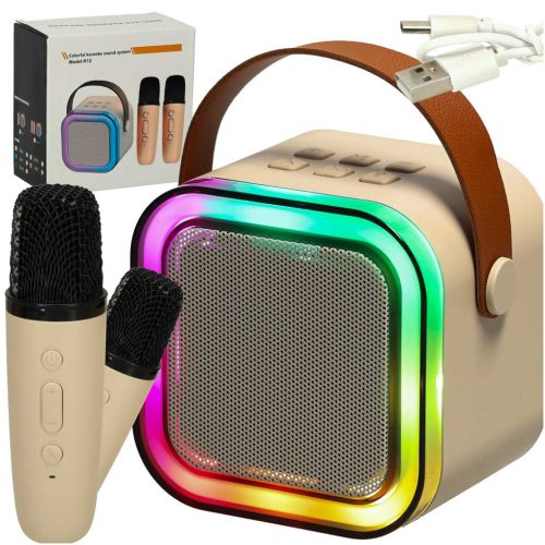 Karaoke szett 2 mikrofon + hordozható hangszóró BLUETOOTH USB LED bézs színben