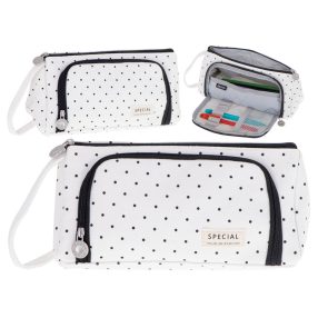   Iskolai tolltartó dupla tasakos hiúsági tok pöttyös pöttyökkel