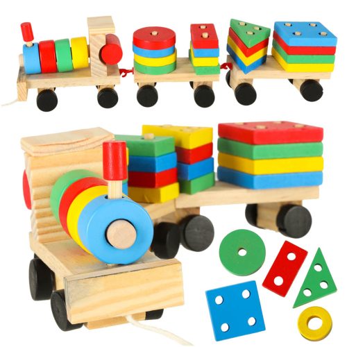 Fa szortírozó ügyességi puzzle vonat mozdony + vagonok 30cm
