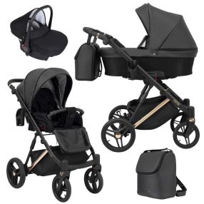   Kunert LAZZIO Premium 3in1 Multifunktionskinderwagen - Schwarzes ECO-Leder (goldener Rahmen)