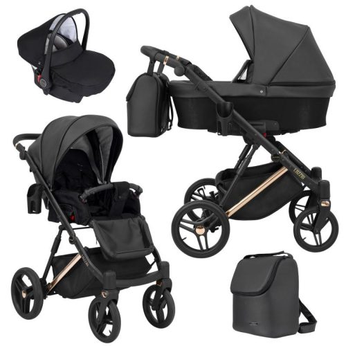 Kunert LAZZIO Premium 3in1 Multifunktionskinderwagen - Schwarzes ECO-Leder (goldener Rahmen)