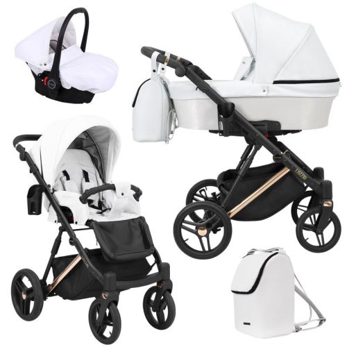 Kunert LAZZIO Premium 3in1 multifunktionaler Kinderwagen - Weißes ECO-Leder (goldener Rahmen)