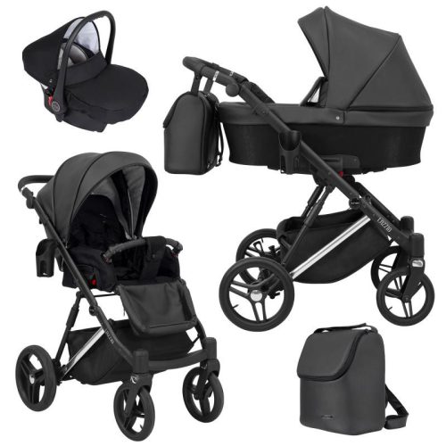Kunert LAZZIO Premium 3in1 Multifunktionskinderwagen - Schwarzes ECO-Leder (silberner Rahmen)
