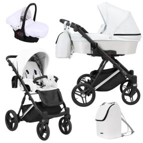   Kunert LAZZIO Premium 3in1 Multifunktionskinderwagen - Weißes ECO-Leder (silbernes Gestell)