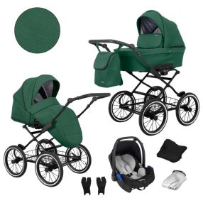   Kunert ROMANTIC 3in1 Multifunktionaler Retro-Kinderwagen - Grün (schwarzes Gestell)