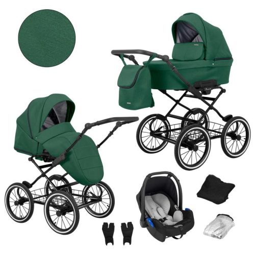 Kunert ROMANTIC 3in1 Multifunktionaler Retro-Kinderwagen - Grün (schwarzes Gestell)