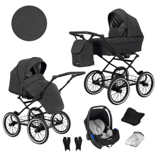 Kunert ROMANTIC 3in1 Multifunktionaler Retro-Kinderwagen - Grau (schwarzes Gestell)