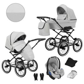   Kunert ROMANTIC 3in1 Multifunktionaler Retro-Kinderwagen - Hellgraues ECO-Leder (schwarzes Gestell)