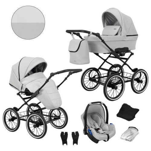 Kunert ROMANTIC 3in1 Multifunktionaler Retro-Kinderwagen - Hellgraues ECO-Leder (schwarzes Gestell)