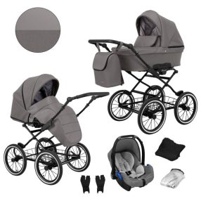   Kunert ROMANTIC 3in1 Multifunktionaler Retro-Kinderwagen - Graphit ECO Leder (schwarzes Gestell)