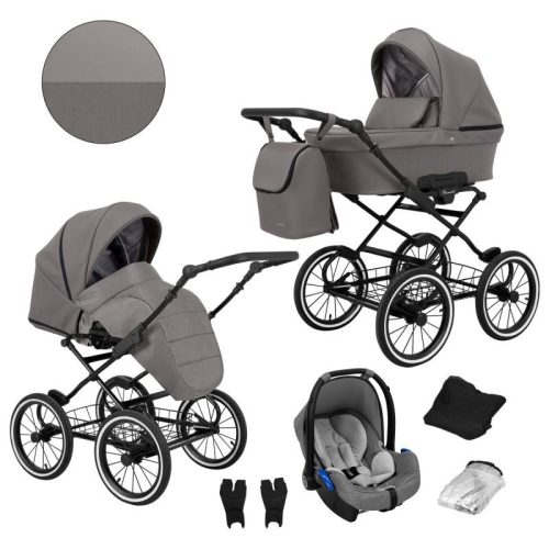 Kunert ROMANTIC 3in1 Multifunktionaler Retro-Kinderwagen - Graphit ECO Leder (schwarzes Gestell)