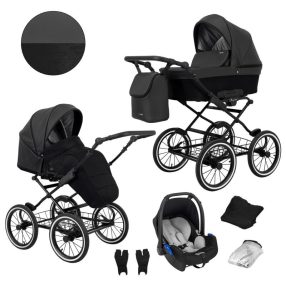   Kunert ROMANTIC 3in1 Multifunktionaler Retro-Kinderwagen - Schwarzes ECO-Leder (schwarzer Rahmen)